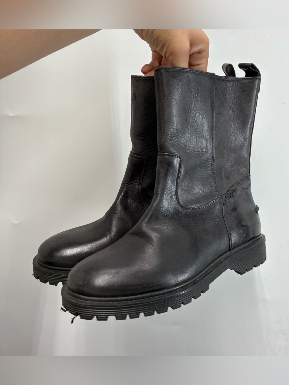 & other stories 7 lug leather sole moto boots Chunky Platform Black Italy Goth